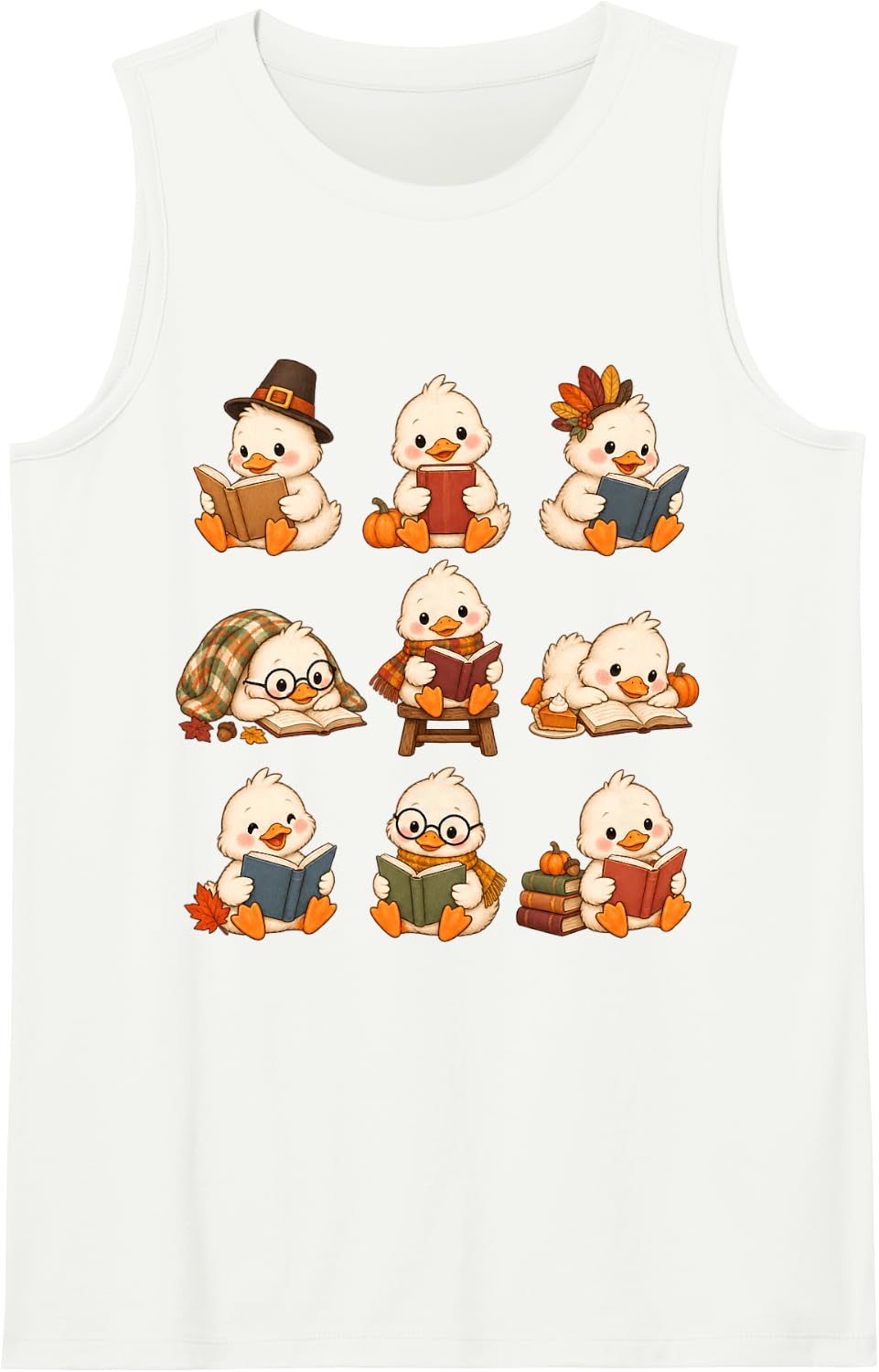 Thanksgiving Reading Goose Pumpkin Books Cozy Autumn Season Sleeveless Tank Top - White