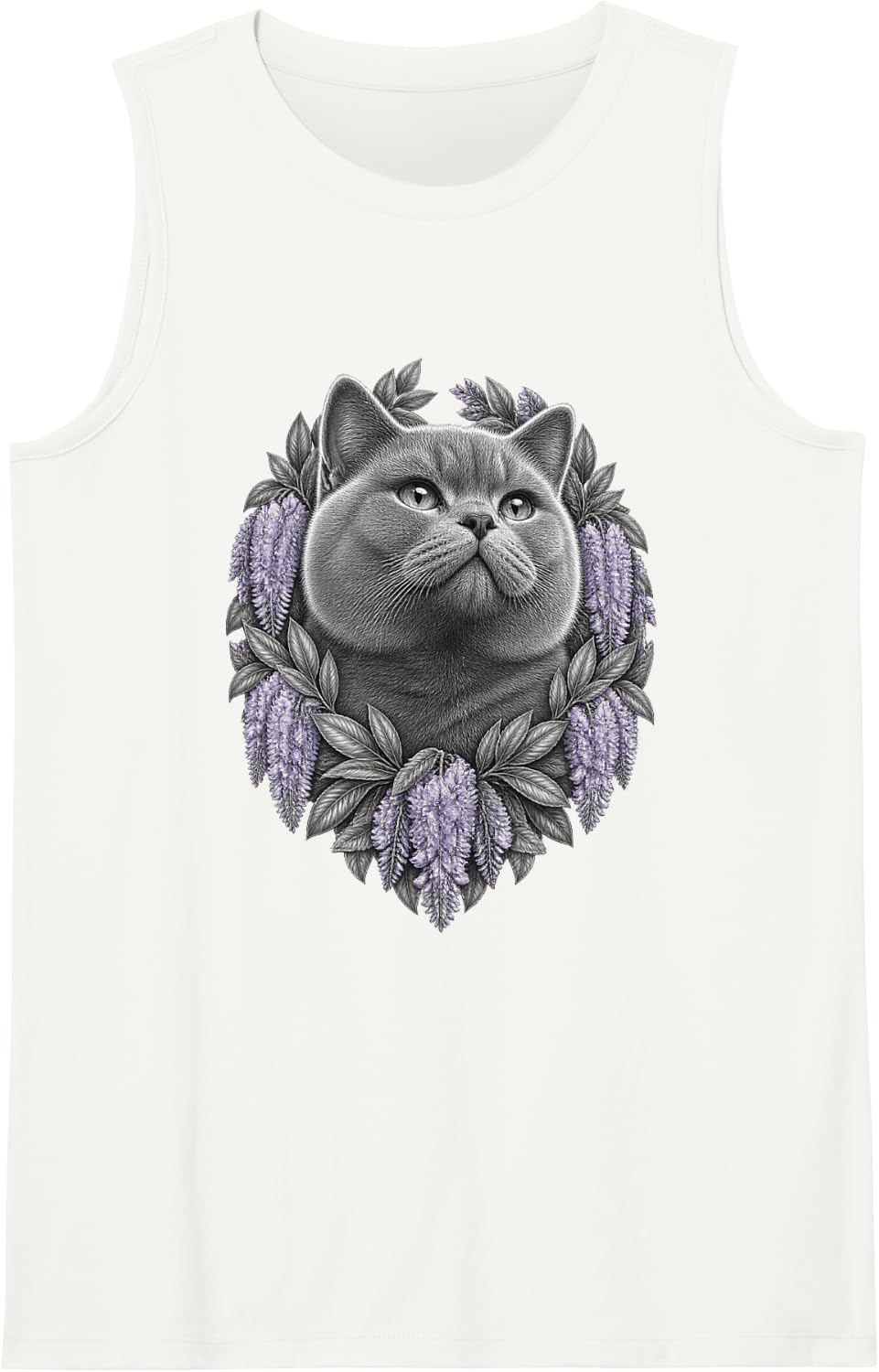 British Shorthair with Lavender Wisteria Flower Clusters Sleeveless Tank Top - White