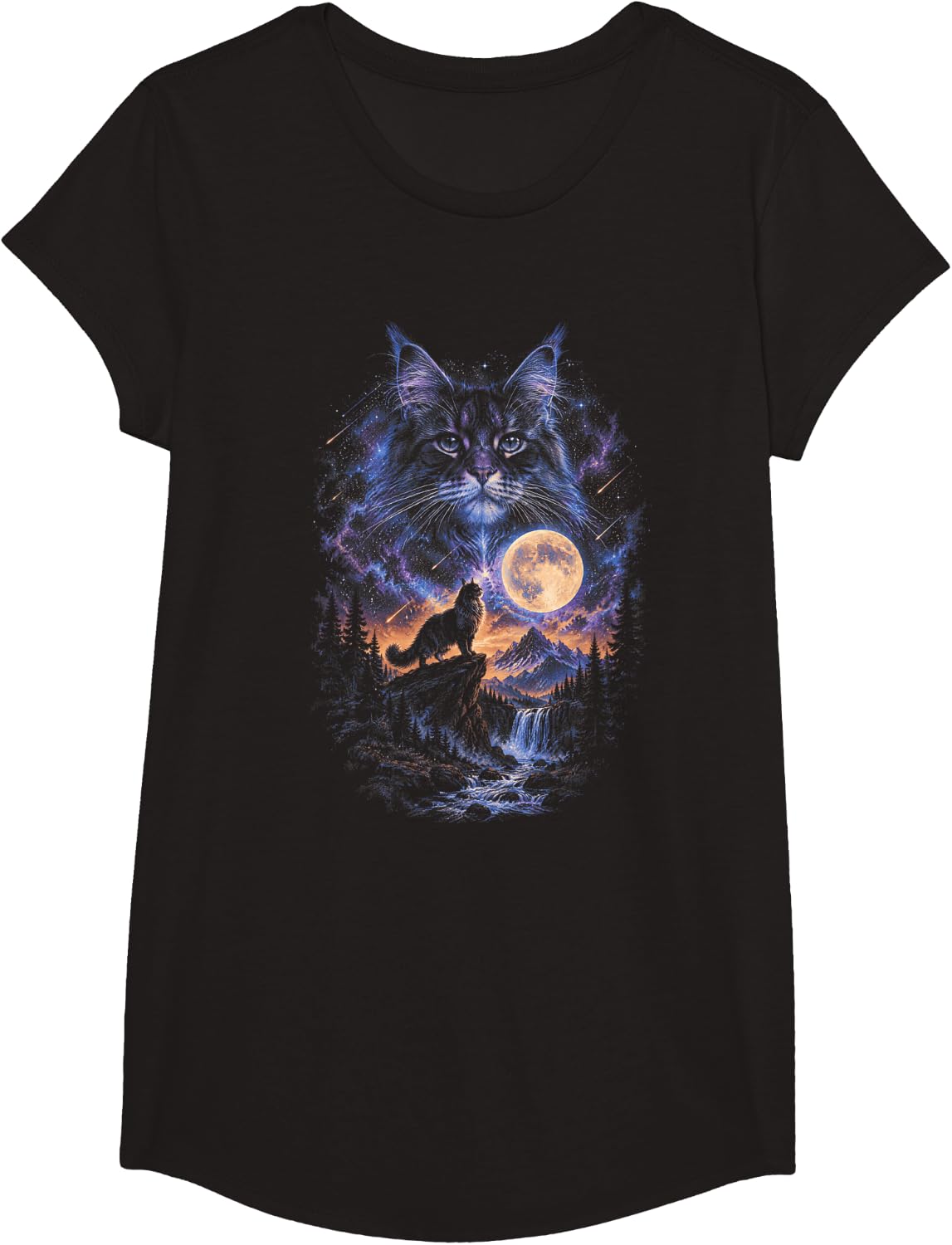 Maine Coon Cat Cosmic Galaxy Howling Moon T-Shirt - Girls Black