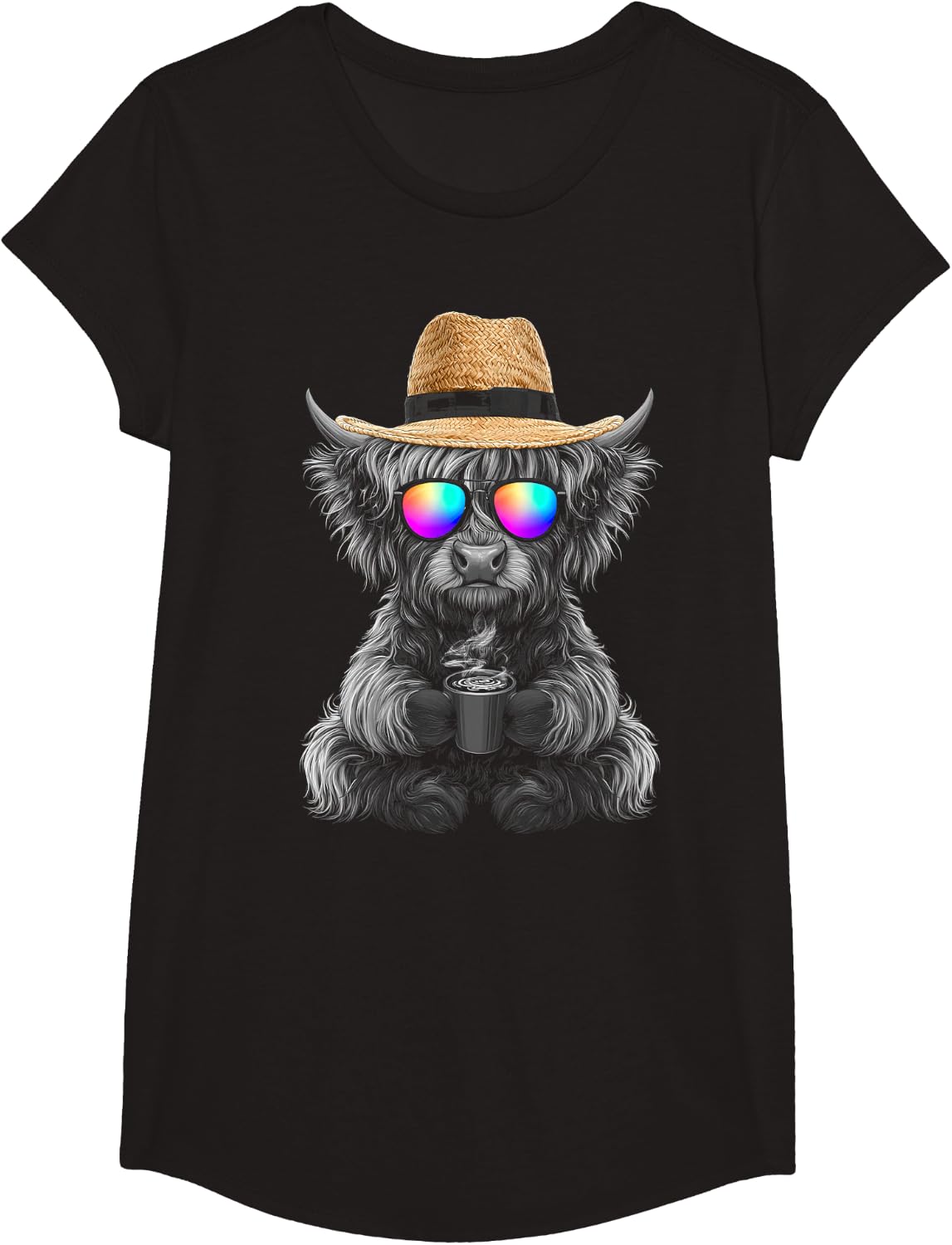 Highland Cow Lover Design T-Shirt - Girls Black