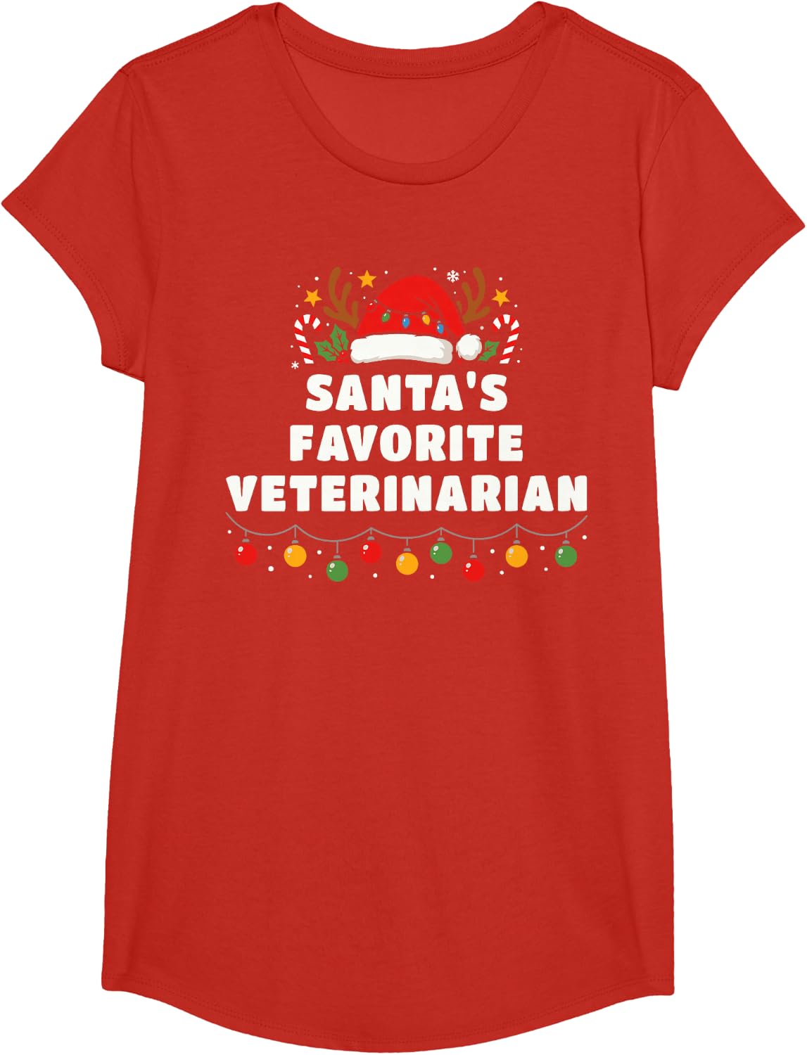 Santa's Favorite Veterinarian Funny Christmas Pajama T-Shirt - Girls Red