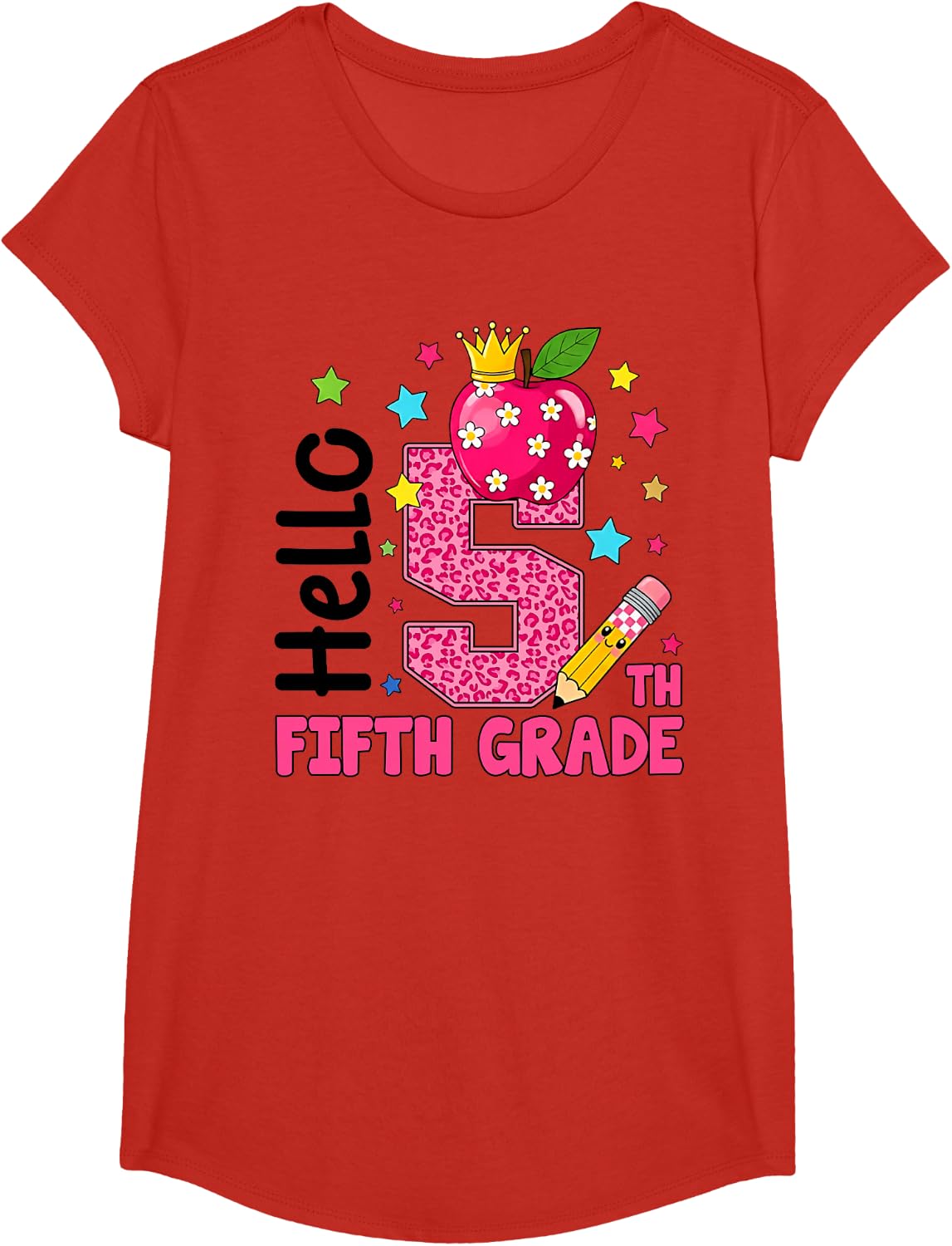 Hello 5th Grade Leopard First Day of Back to School Teacher T-Shirt - Girls Red