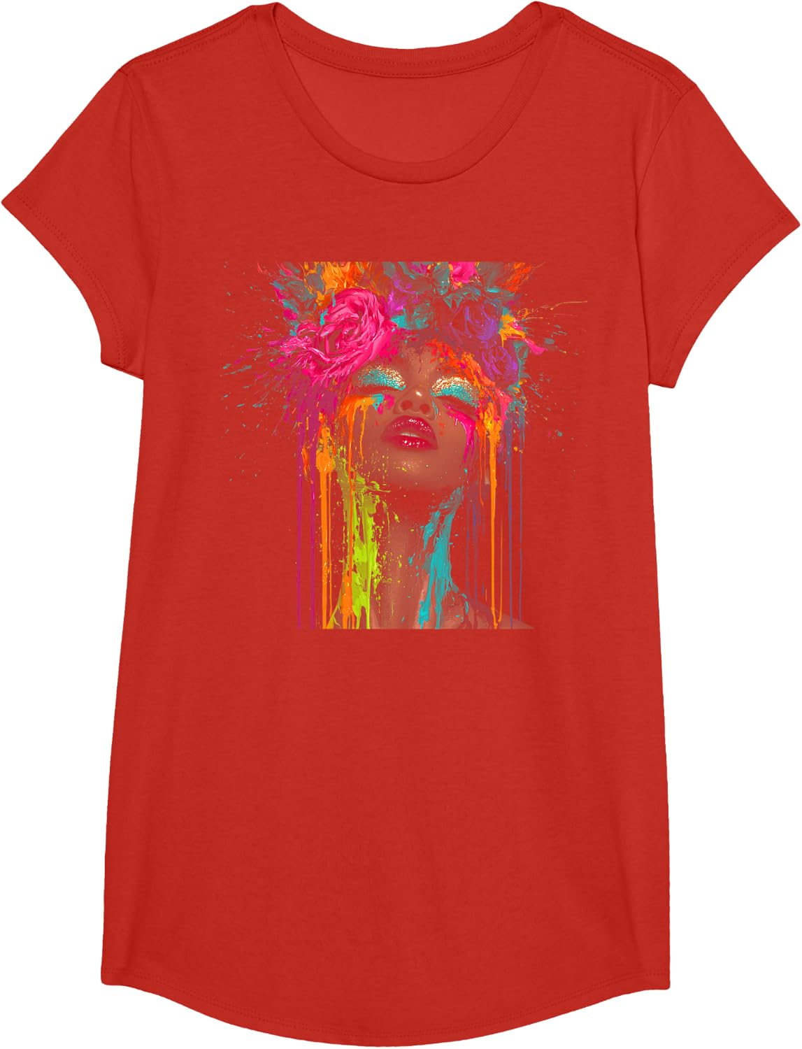 Black Queen Floral Afro Hairstyle Dripping Face Portrait T-Shirt - Girls Red