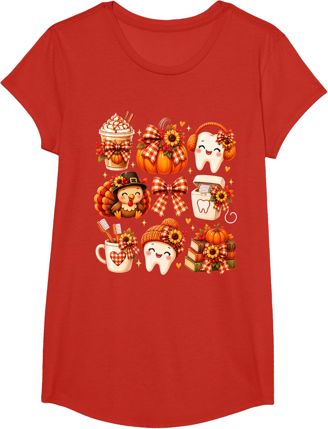Dental Hygienist Assistant Dentist Tooth Pumpkin Bow Leaves T-Shirt - Girls Red