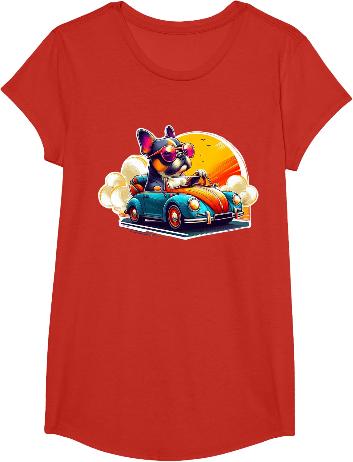French Bulldog Driving Retro Convertible Car - Frenchie Gift T-Shirt - Girls Red