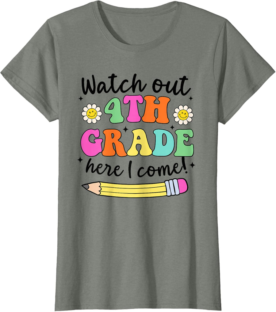 Groovy Watch Out 4th Grade Here I Come Funny Back To School T-Shirt - Olive Heather