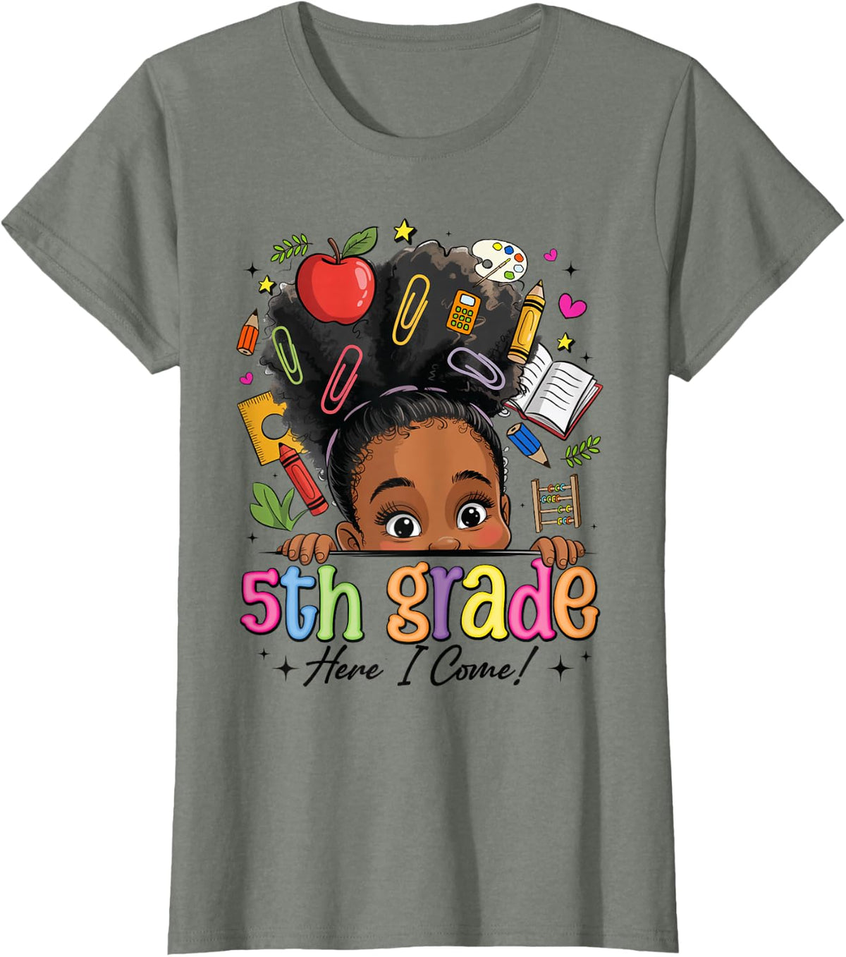 Fifth Grade Here I Come Afro Girl Messy Bun Back To School T-Shirt - Olive Heather