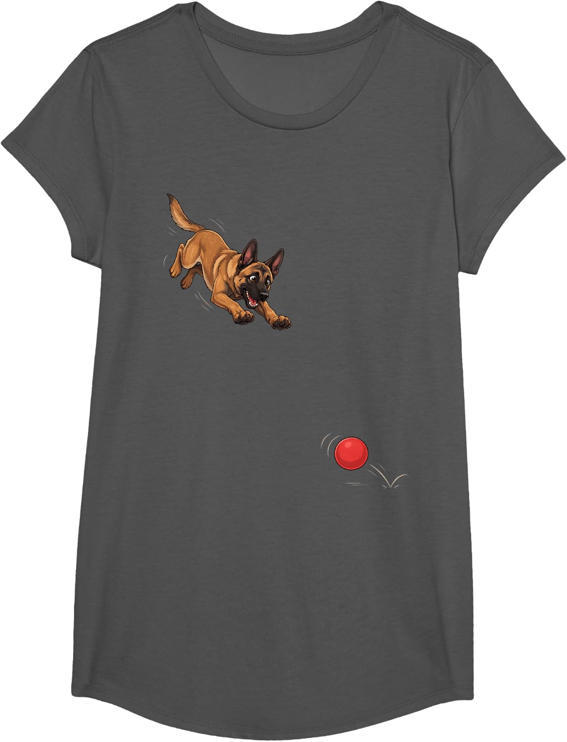 Funny Belgian Malinois Chasing Ball Dog Humor T-Shirt - Girls Asphalt Grey