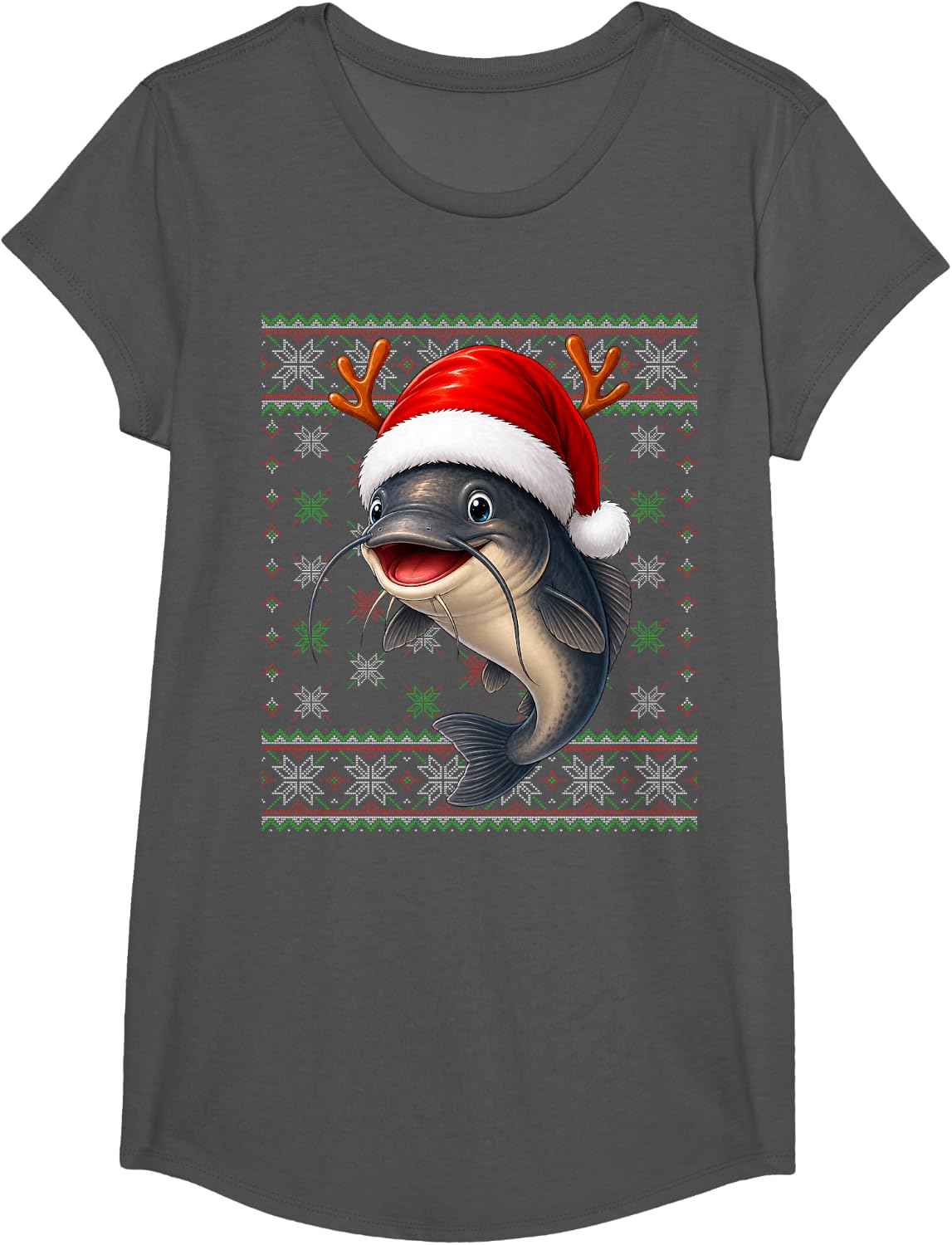 Catfish Christmas Ugly Sweaters Festive Catfish Fishing Xmas T-Shirt - Girls Asphalt Grey