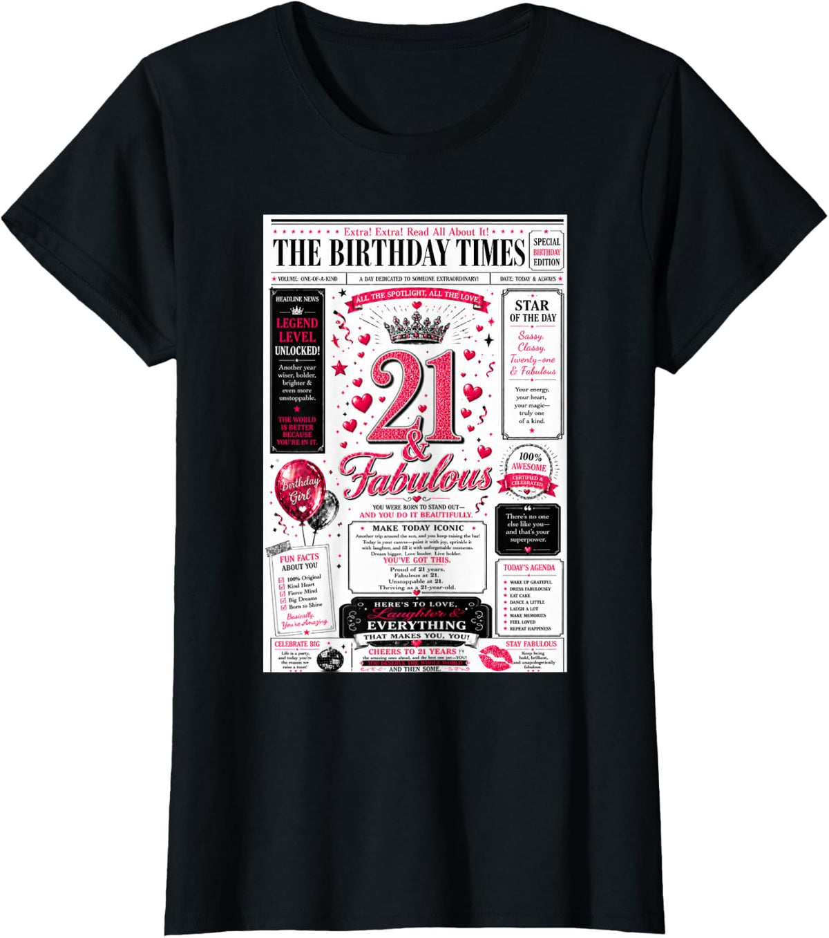 21 & Fabulous Funny Newspaper Headline Happy 21st Birthday T-Shirt - Black