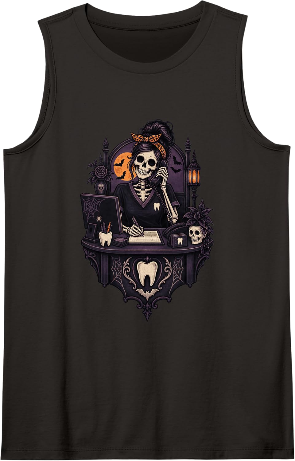 Skeleton Dental Assistant Spooky Halloween Office Worker Sleeveless Tank Top - Black