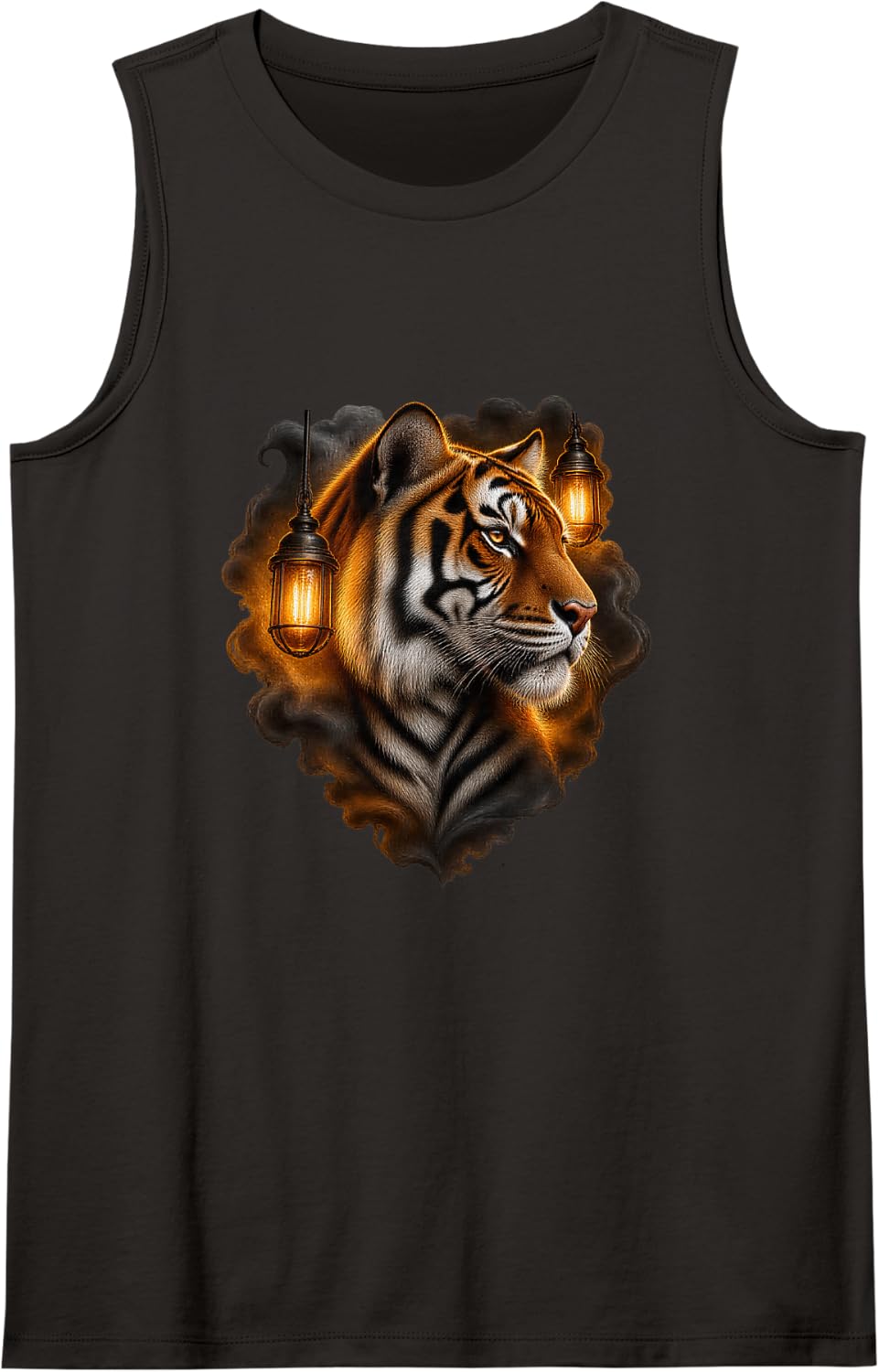 Tiger with Amber Fog Lanterns Striped Big Cat Art Sleeveless Tank Top - Black