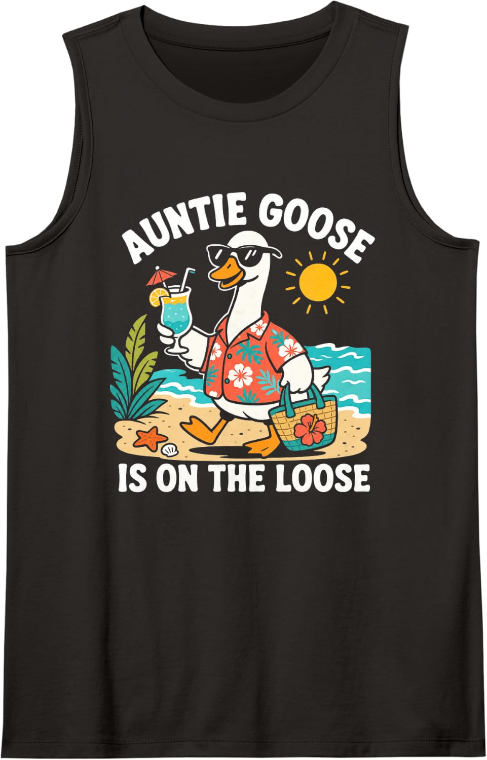 Auntie Goose Beach Vacation Sleeveless Tank Top - Black