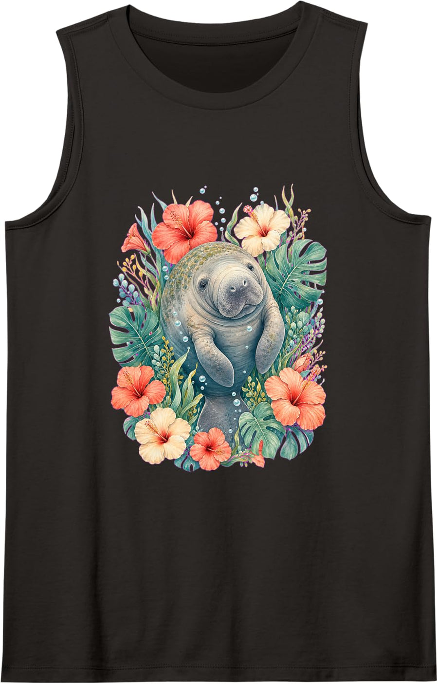Manatee Lover Dugong Oceanologist Floral Sea Cow Sleeveless Tank Top - Black
