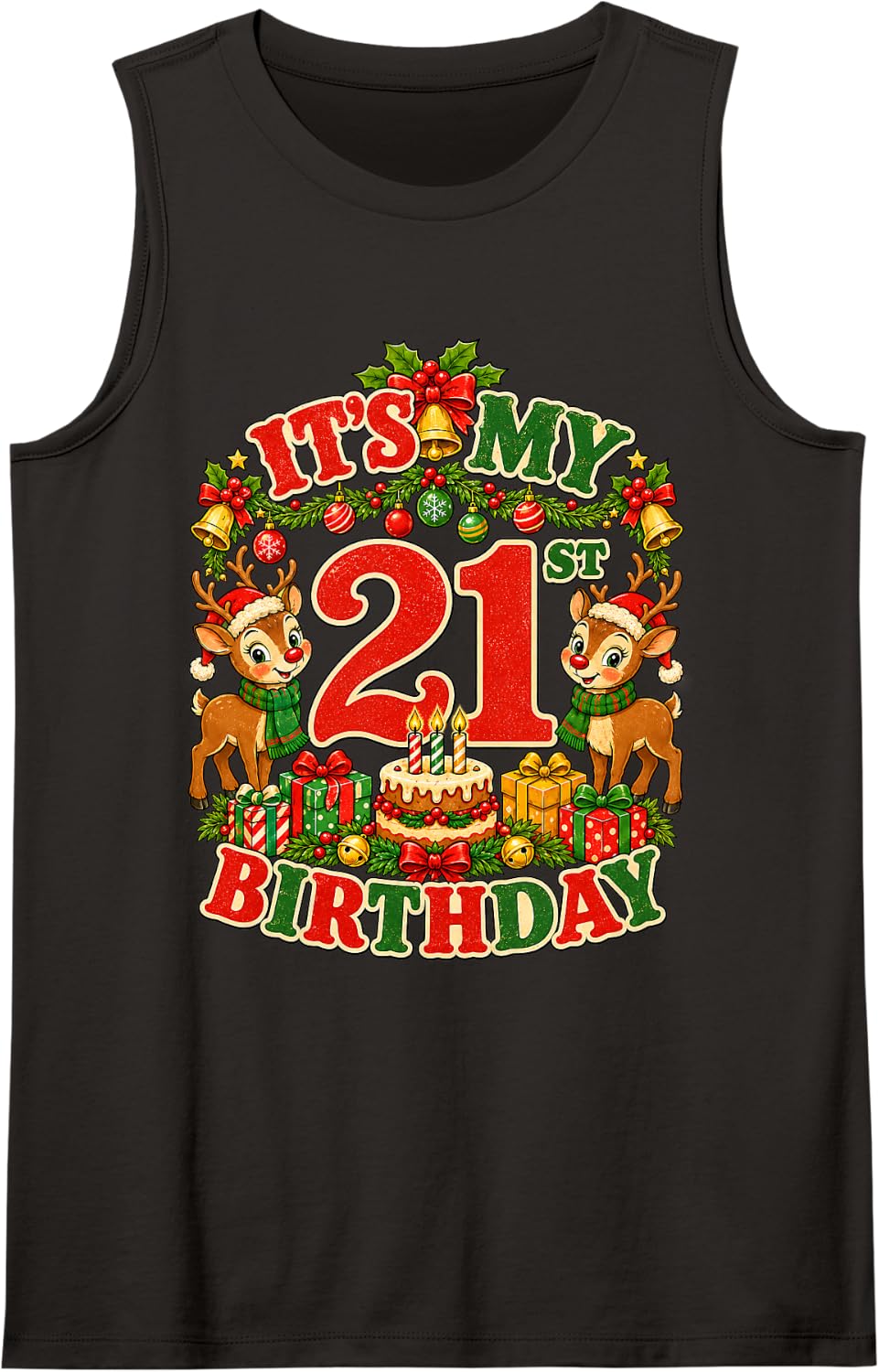 It's My 21st Birthday Christmas Reindeer 21 Years Old Party Sleeveless Tank Top - Black