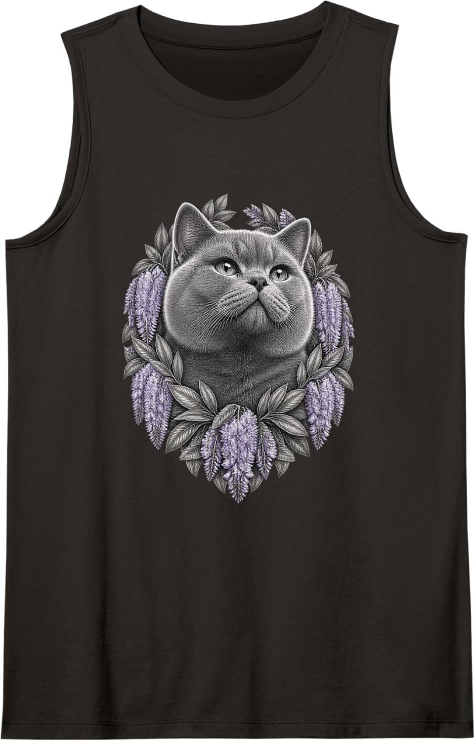 British Shorthair with Lavender Wisteria Flower Clusters Sleeveless Tank Top - Black