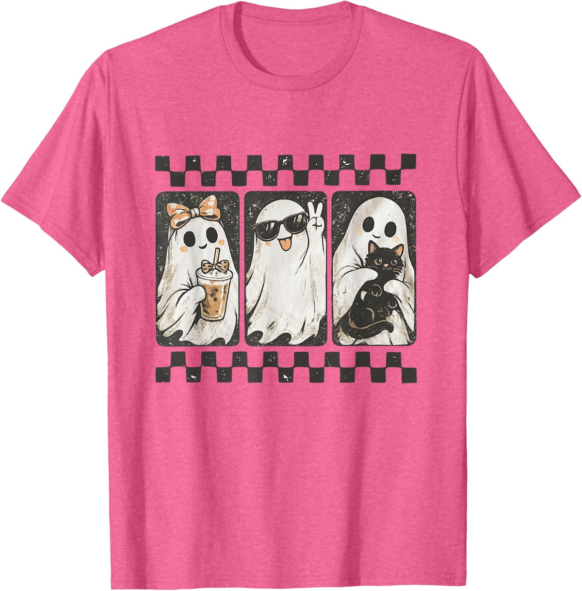 Vintage Cute Spooky Halloween Black Cat and Ghost Cats Lover T-Shirt - Pink Heather