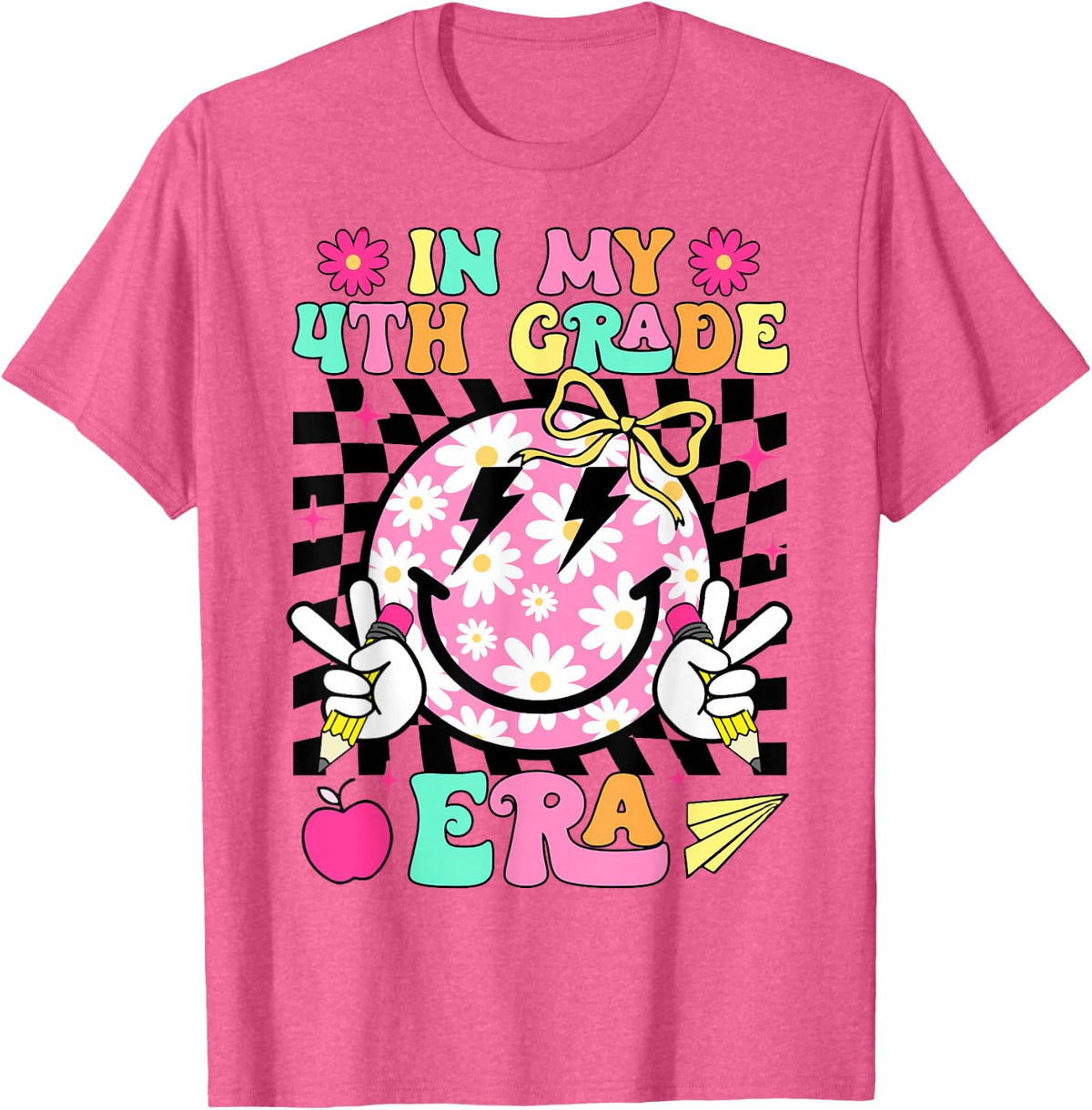 In My 4th Grade Era Smile Face Back To School Teacher Kid T-Shirt - Pink Heather