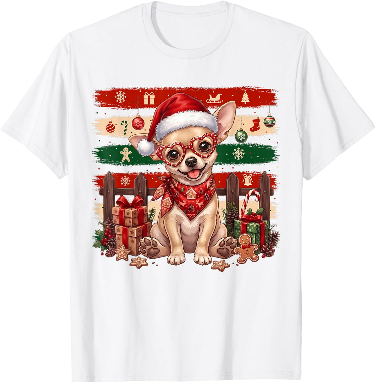 Chihuahua Dog Heart Glasses Stripe Christmas Festive Holiday T-Shirt - White