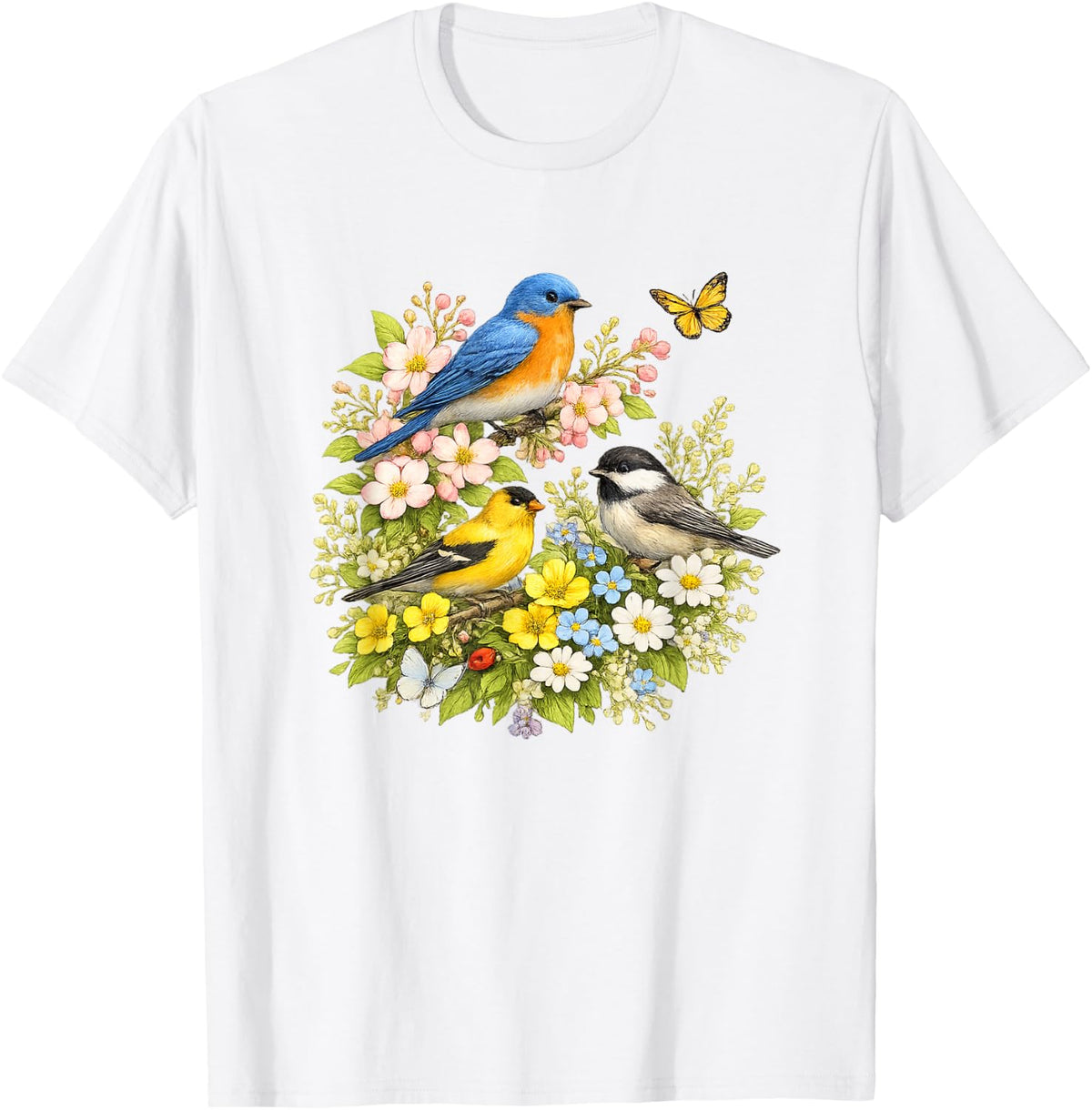 Spring Songbirds Floral | Bluebird Goldfinch Chickadee T-Shirt - White