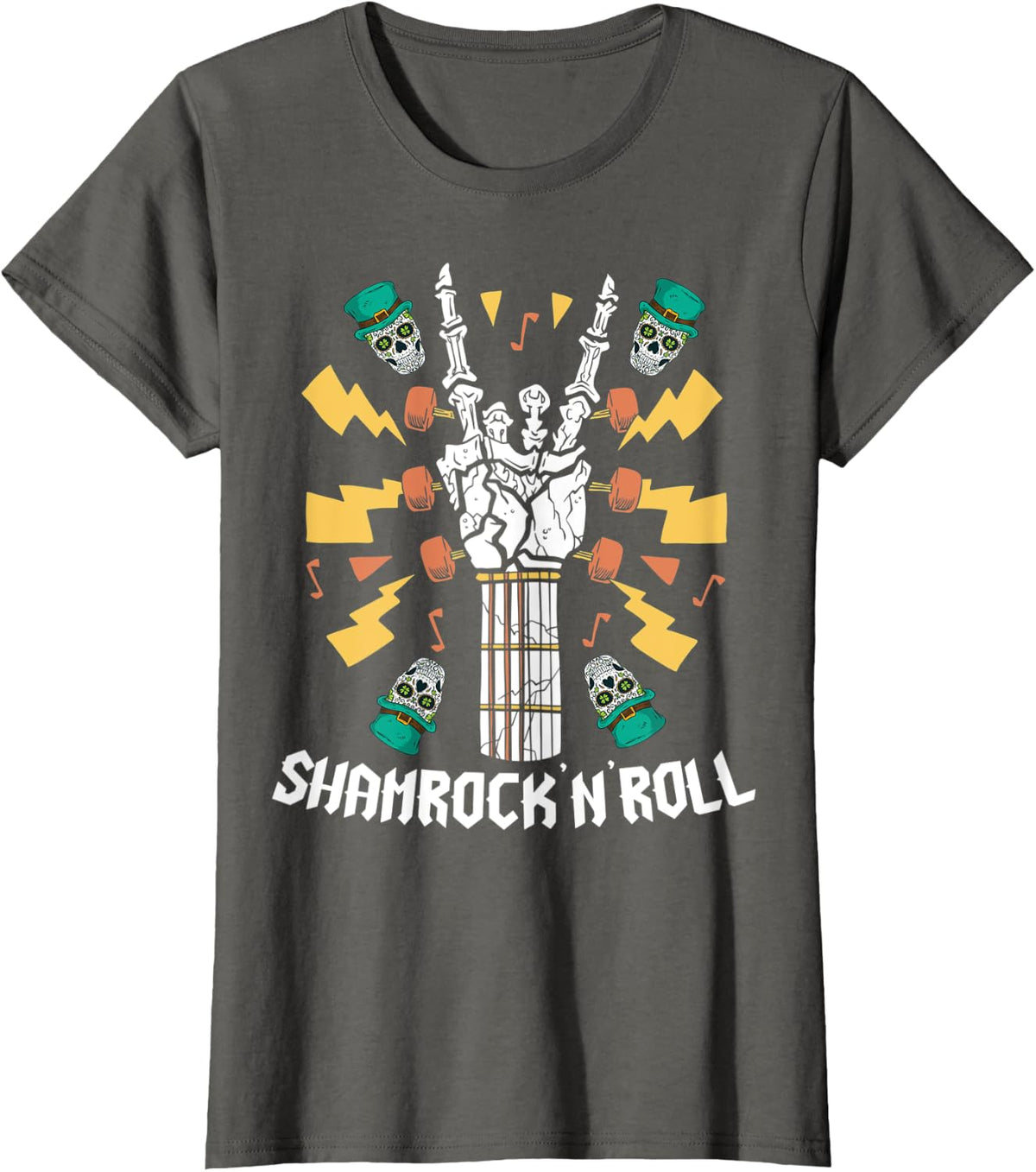 Shamrock n Roll On St Patrick's Day Shamrock Skeleton Guitar T-Shirt - Asphalt Grey