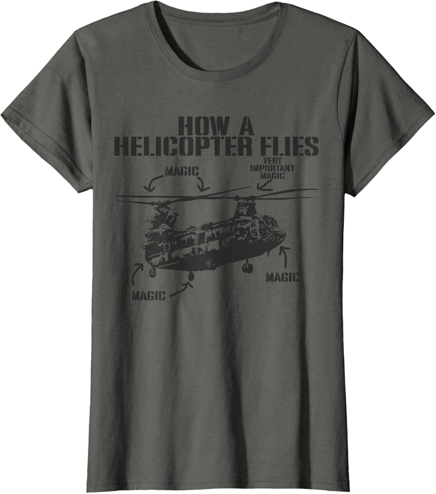 How A Helicopter Flies Magic Funny Chinook Helicopter Pilot T-Shirt - Asphalt Grey