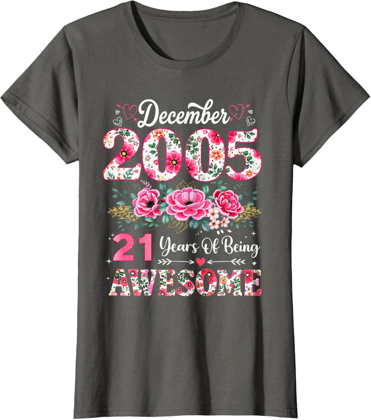 Floral December 2005 21-Year-Old 21st Birthday Men 21 Years T-Shirt - Asphalt Grey