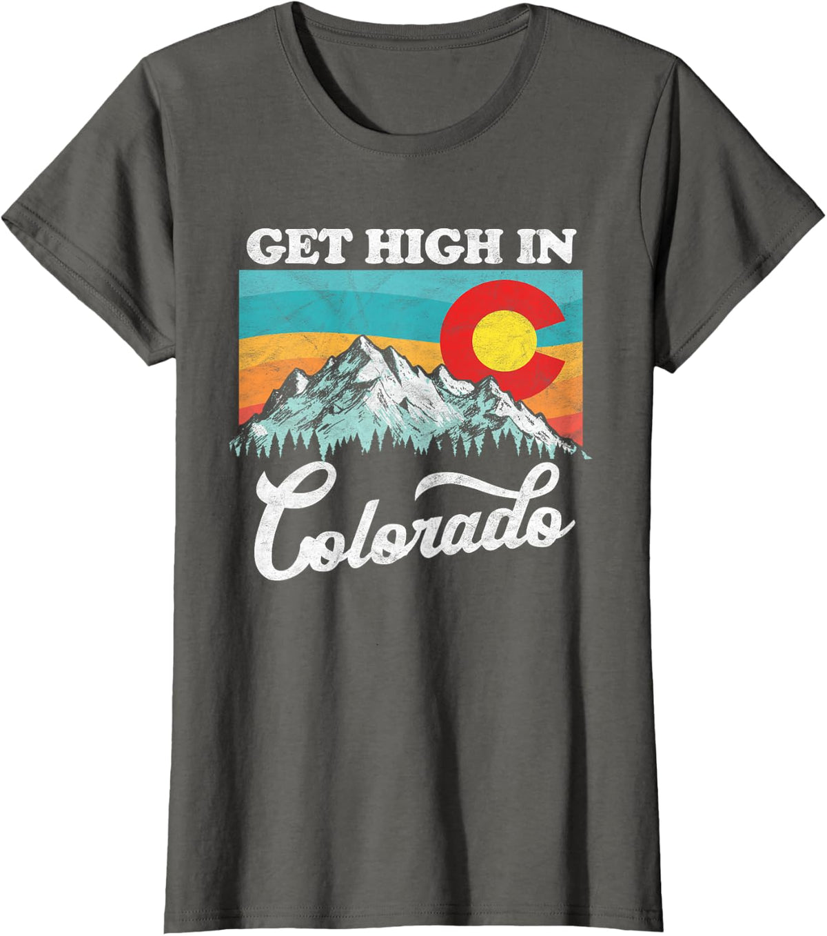 Get High in Colorado Retro State Flag Mountains Graphic T-Shirt - Asphalt Grey