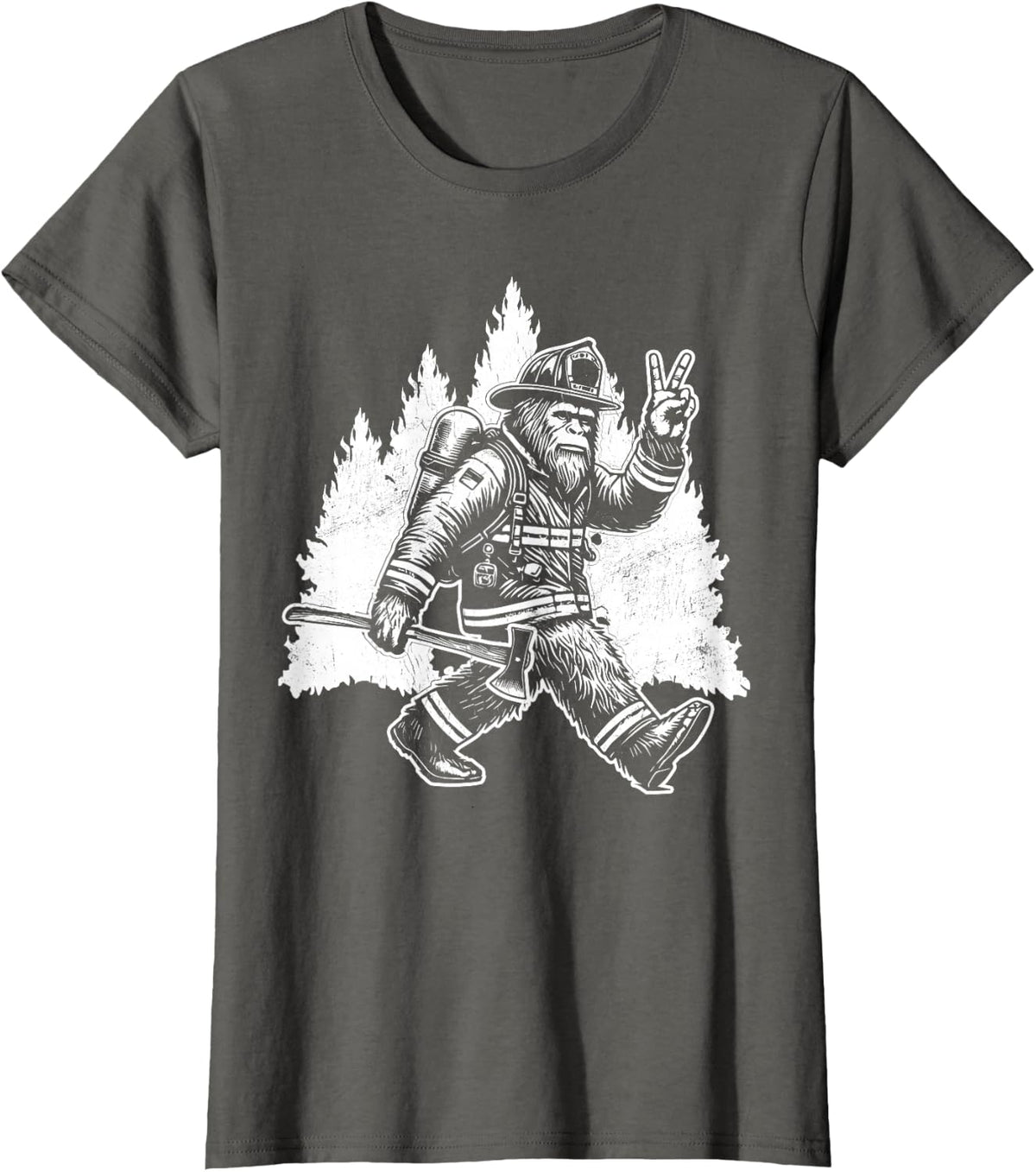 Men's Retro Bigfoot Firefighter Sasquatch Fireman T-Shirt - Black, Small, Short Sleeve - Asphalt Grey
