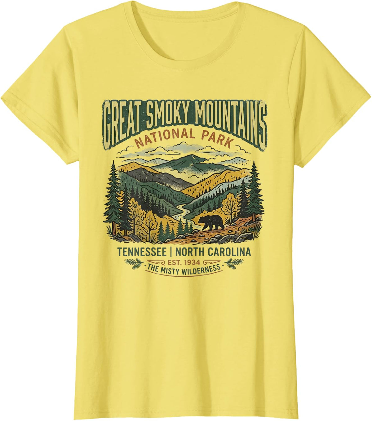 Retro Great Smoky Mountains National Park Hiking Trekking T-Shirt - Lemon Yellow