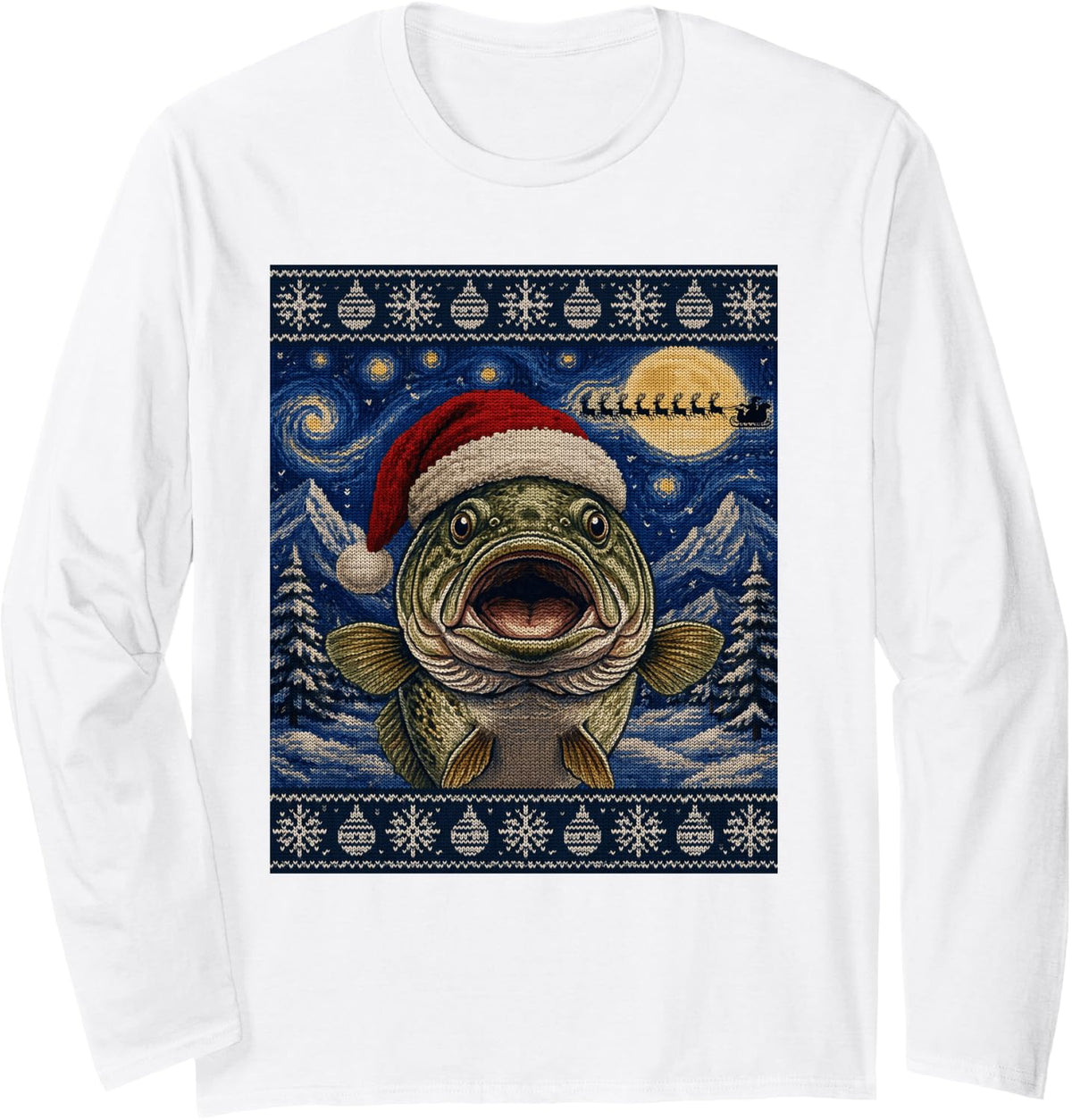 Bass Fish Santa Ugly Christmas Long Sleeve T-Shirt - Adult Unisex White