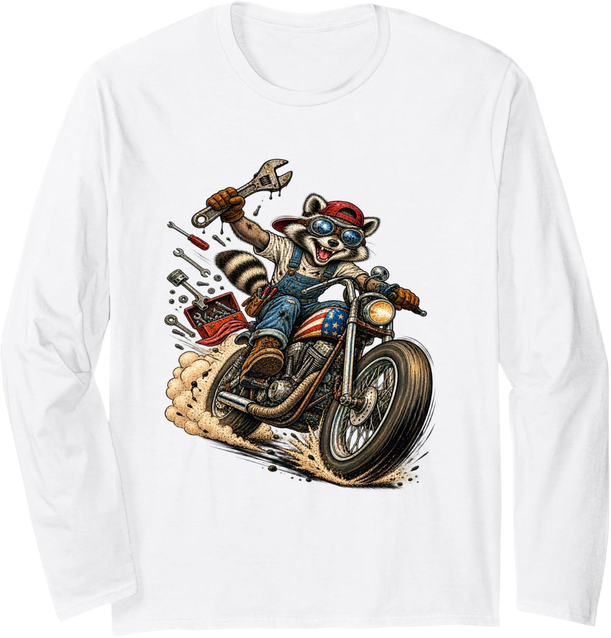 Funny Raccoon Biker Mechanic Wrench Motorcycle Artwork Long Sleeve T-Shirt - Adult Unisex White