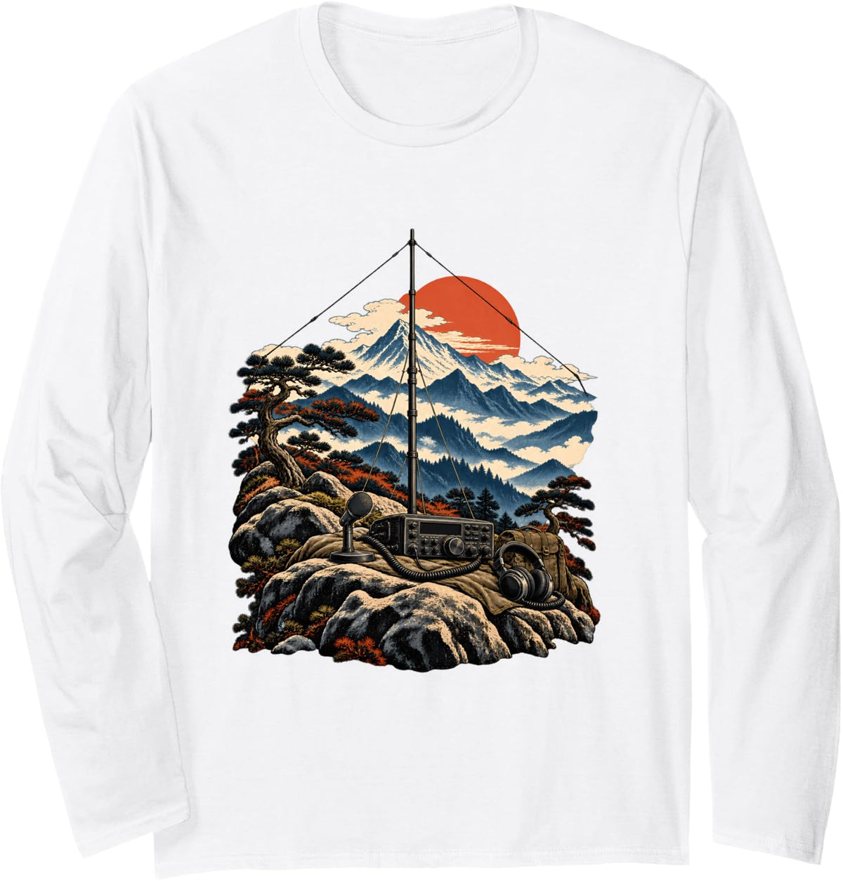 Japanese Mountain Field Ham Radio Operator Long Sleeve T-Shirt - Adult Unisex White