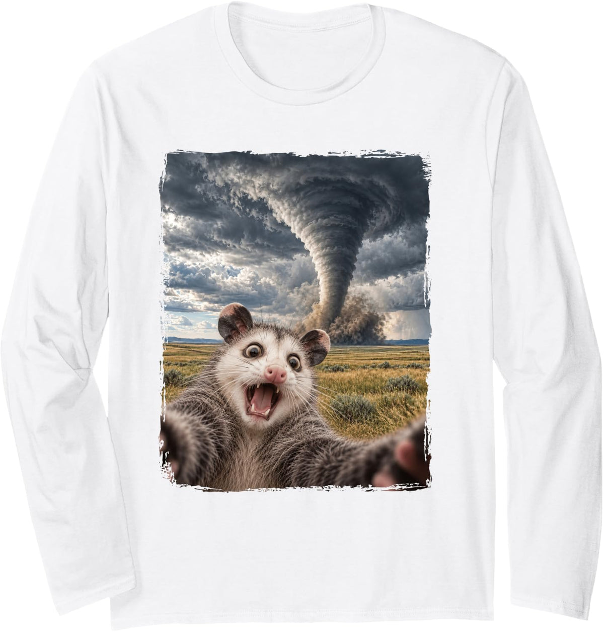 Opossum Tornado Selfie Storm Chasing Long Sleeve T-Shirt - Adult Unisex White