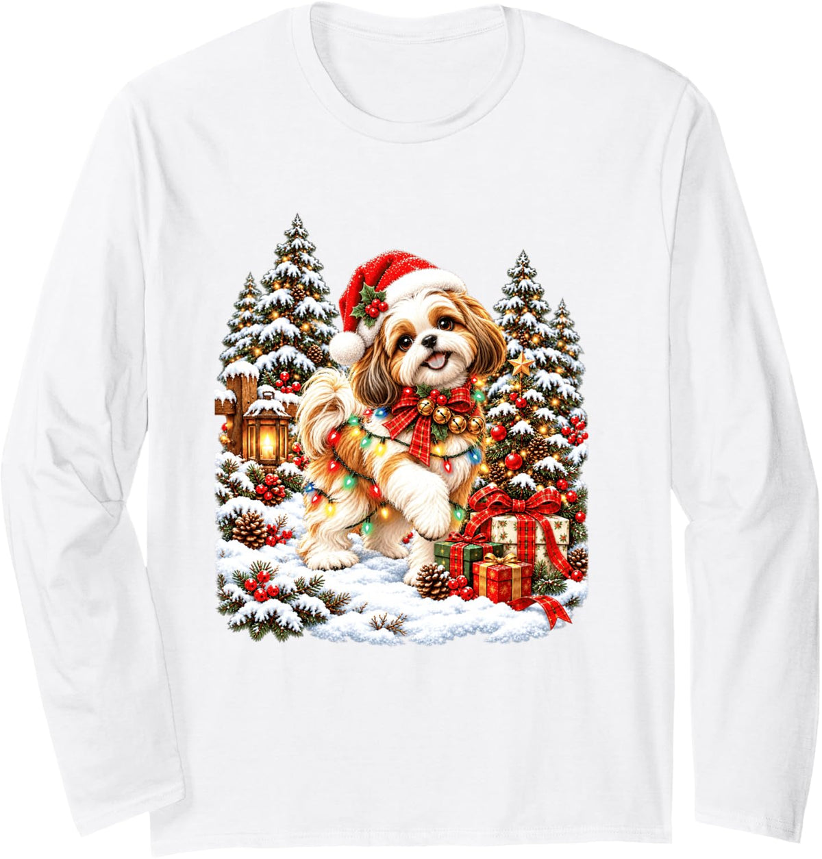 Smiling Shih Tzu Holiday Santa Snow Scene Long Sleeve T-Shirt - Adult Unisex White