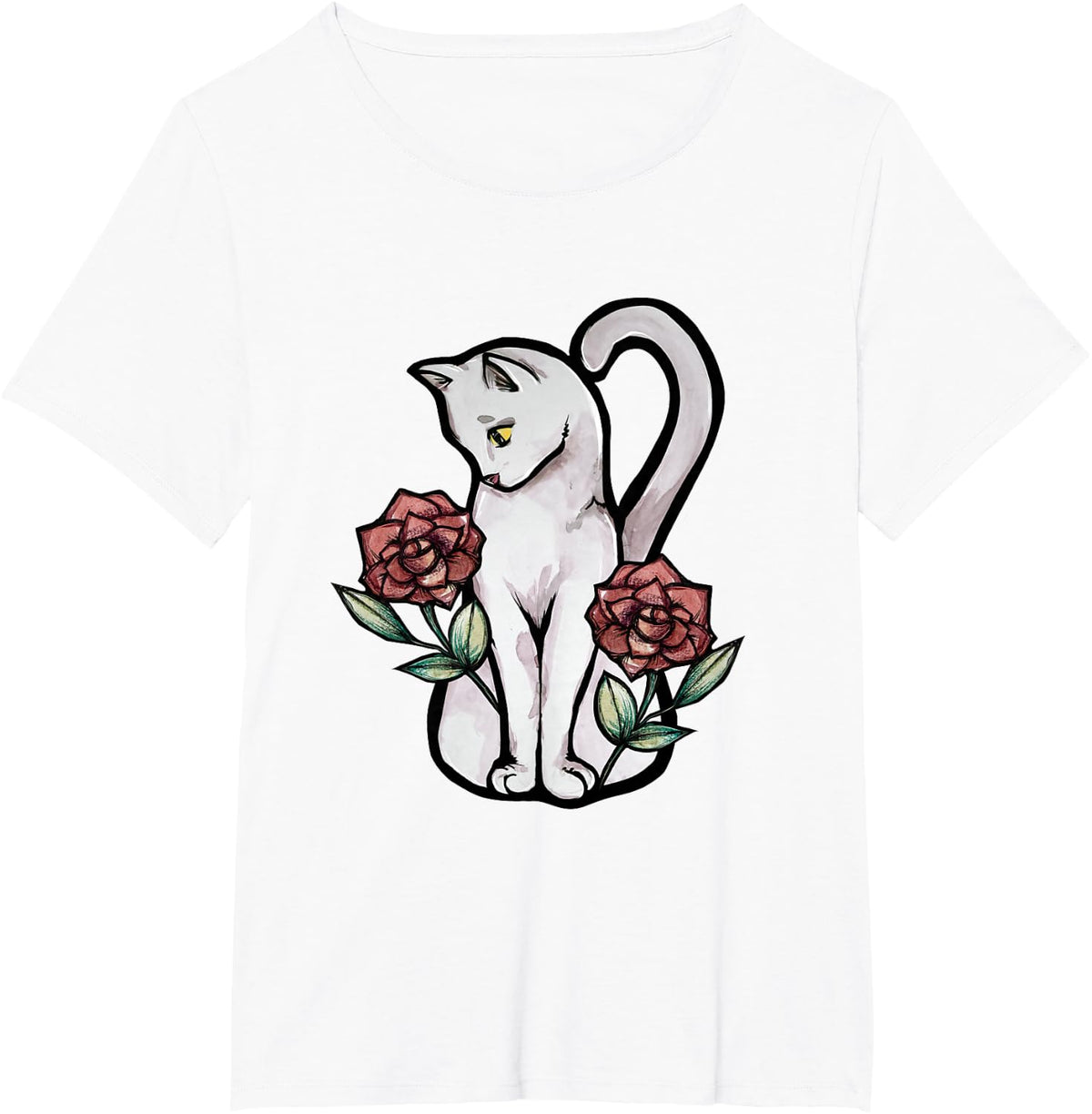 White cat Roses T-Shirt - White