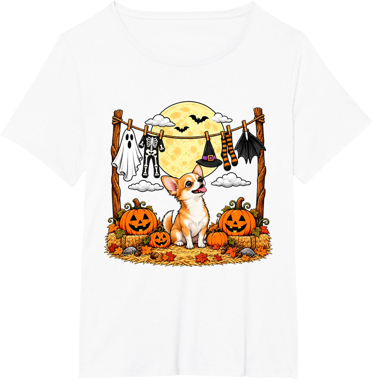 Halloween Chihuahua Squad Pumpkin Vampire Mummy Witch Dog T-Shirt - White