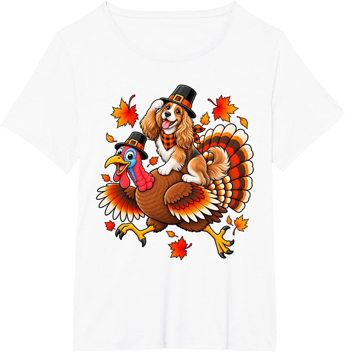 Cute Pilgrim Cocker Spaniel Dog Riding Turkey Thanksgiving T-Shirt - White
