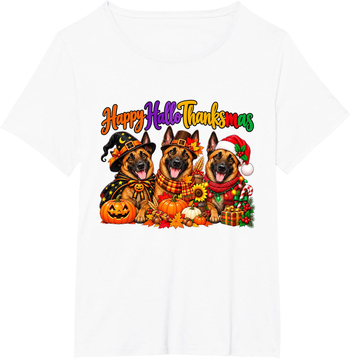 Belgian Malinois Happy Hallothanksmas Halloween Thanksgiving T-Shirt - White