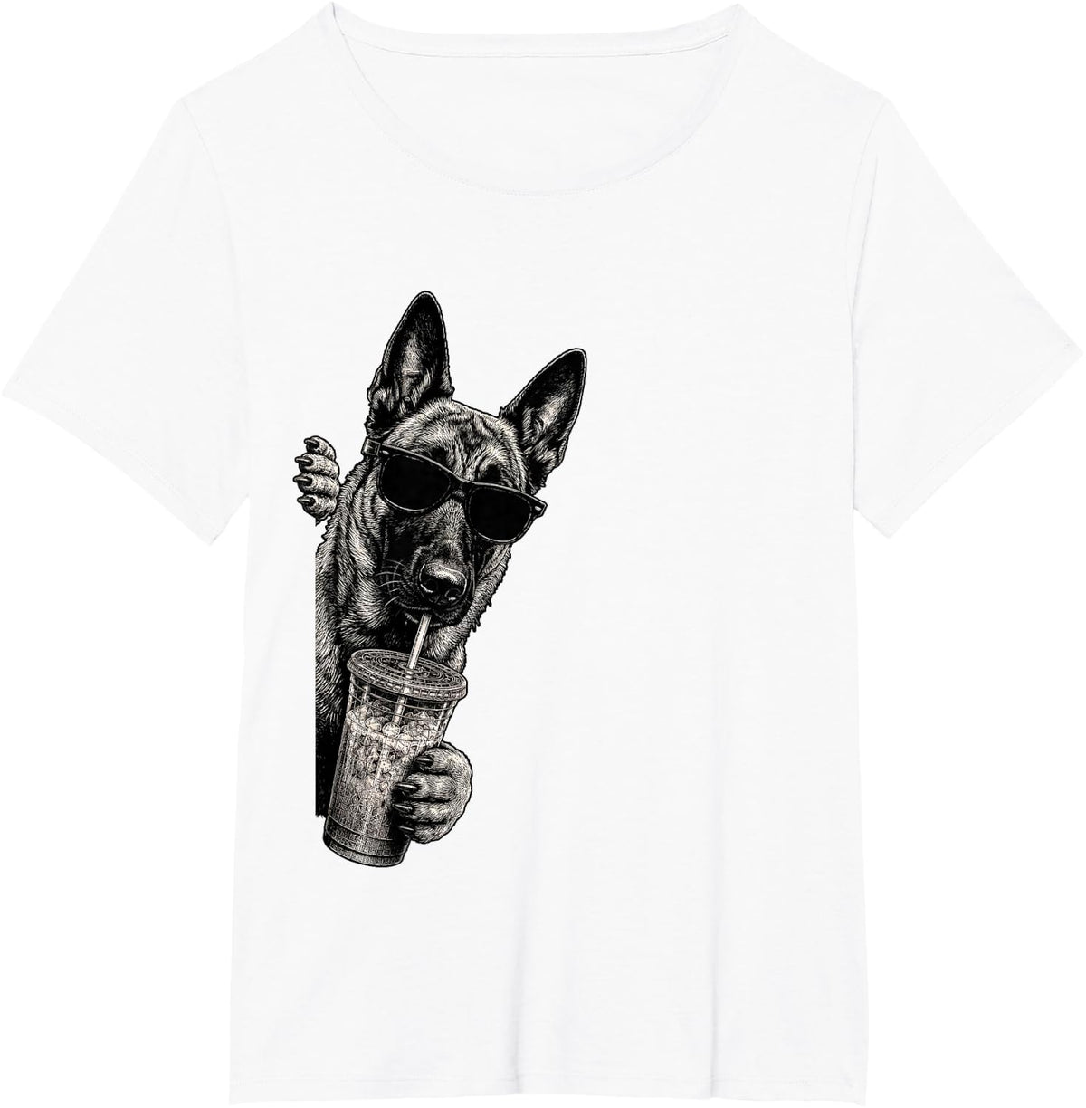 Belgian Malinois Dog Peeking Drinking Iced Coffee Humor T-Shirt - White