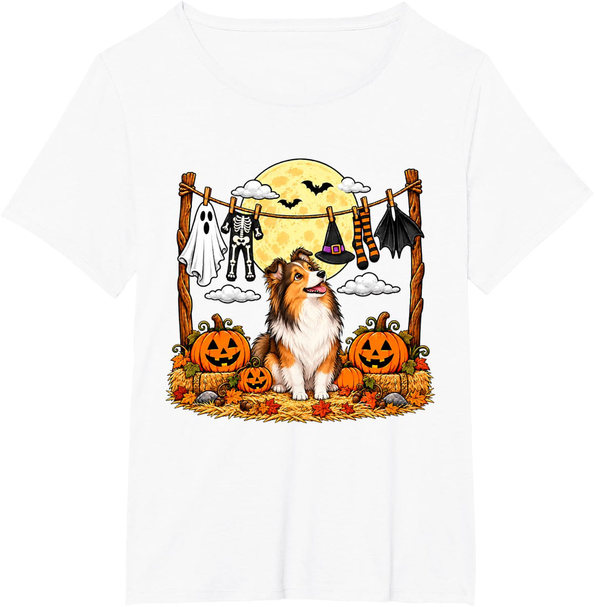 Halloween Shetland Sheepdog Squad Pumpkin Vampire Mummy T-Shirt - White