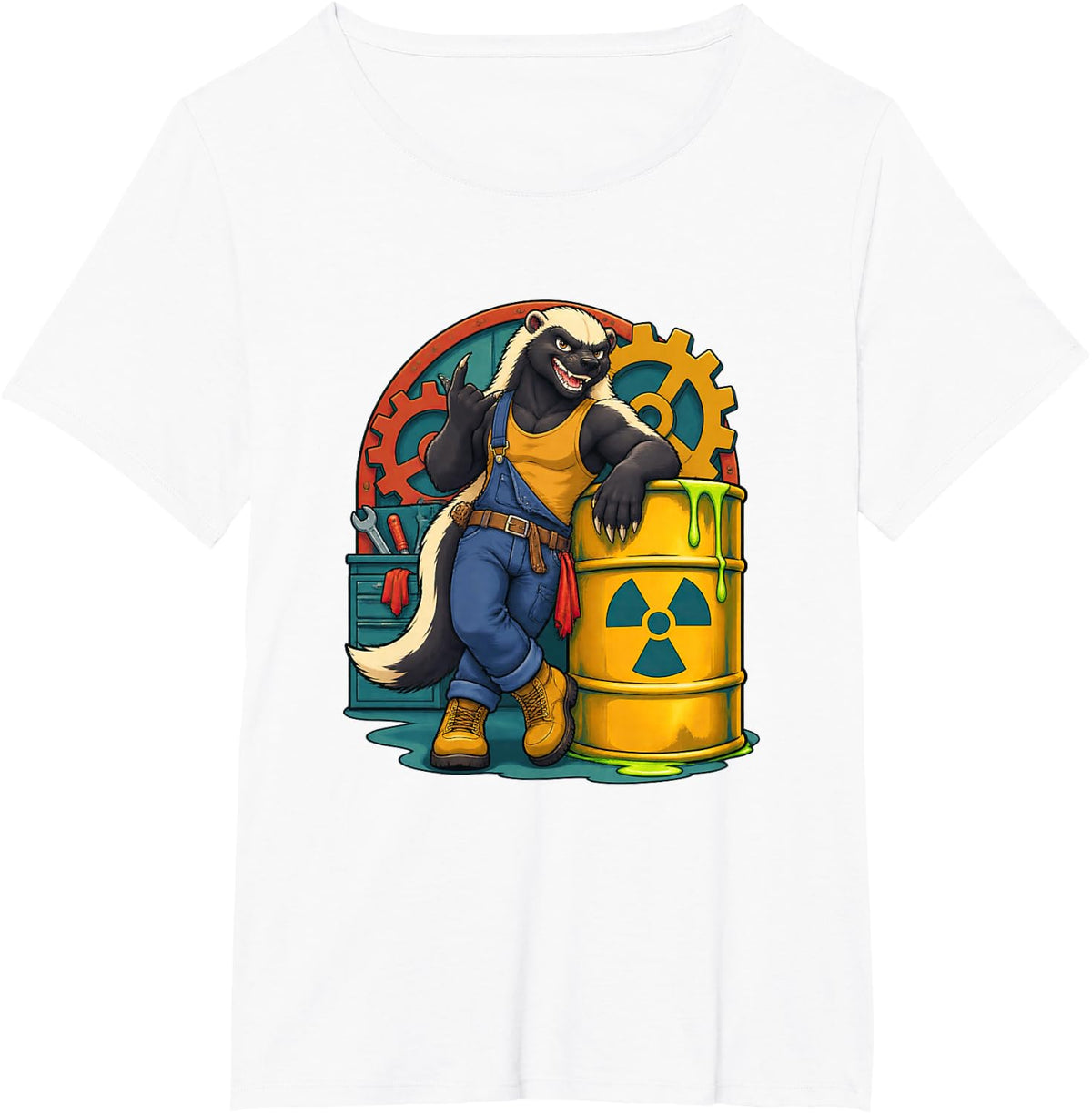 Honey Badger Leans Confidently Against a Radioactive Comic T-Shirt - White
