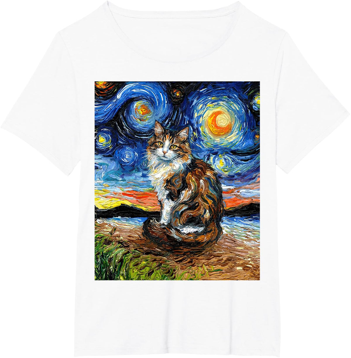 Calico Cat Starry Night Artwork Long Hair Colorful Kitty Art T-Shirt - White