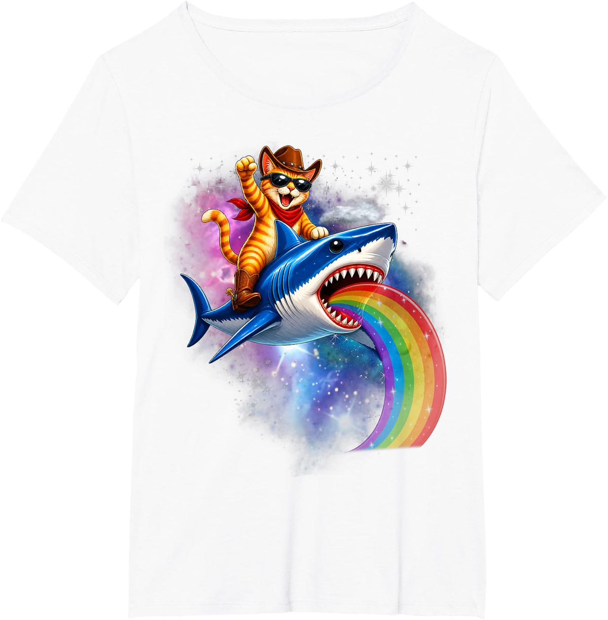 Shark Cat Riding Rainbow Pizza Taco Galaxy Retro T-Shirt - White