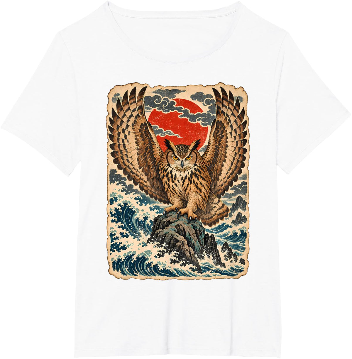 Eagle Owl Japanese Ocean Waves Vintage Bird Fantasy T-Shirt - White