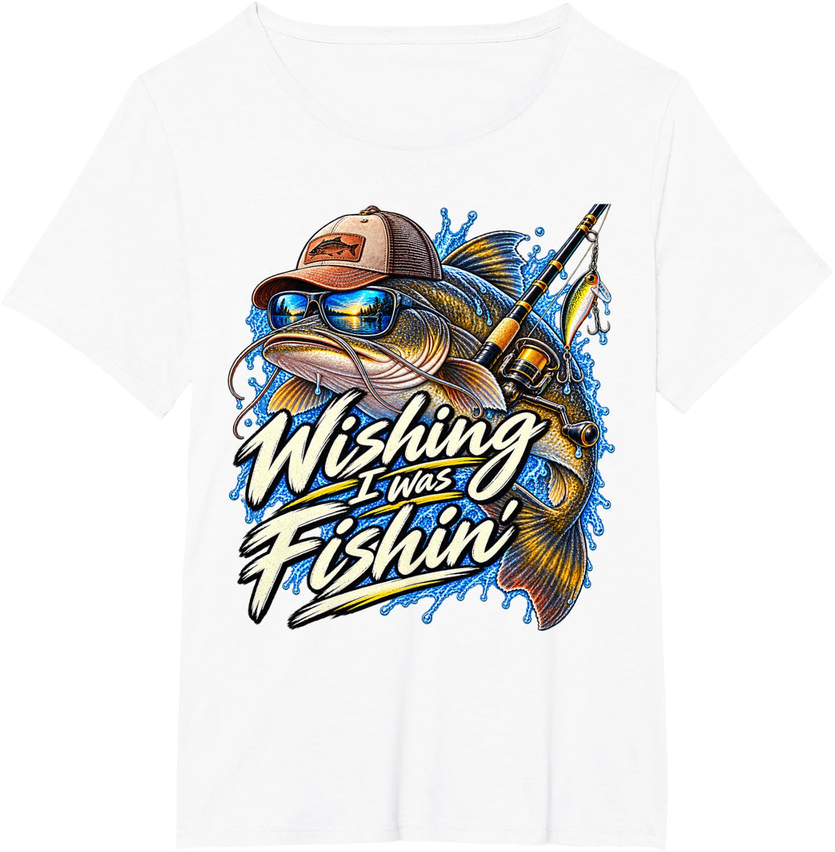 Wishing I was Fishing Catfish Lake Sea Funny Fisherman Fish T-Shirt - White