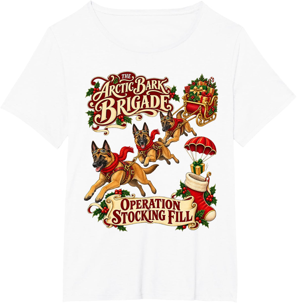 Belgian Malinois Dog Christmas Arctic Sleigh Adventure T-Shirt - White
