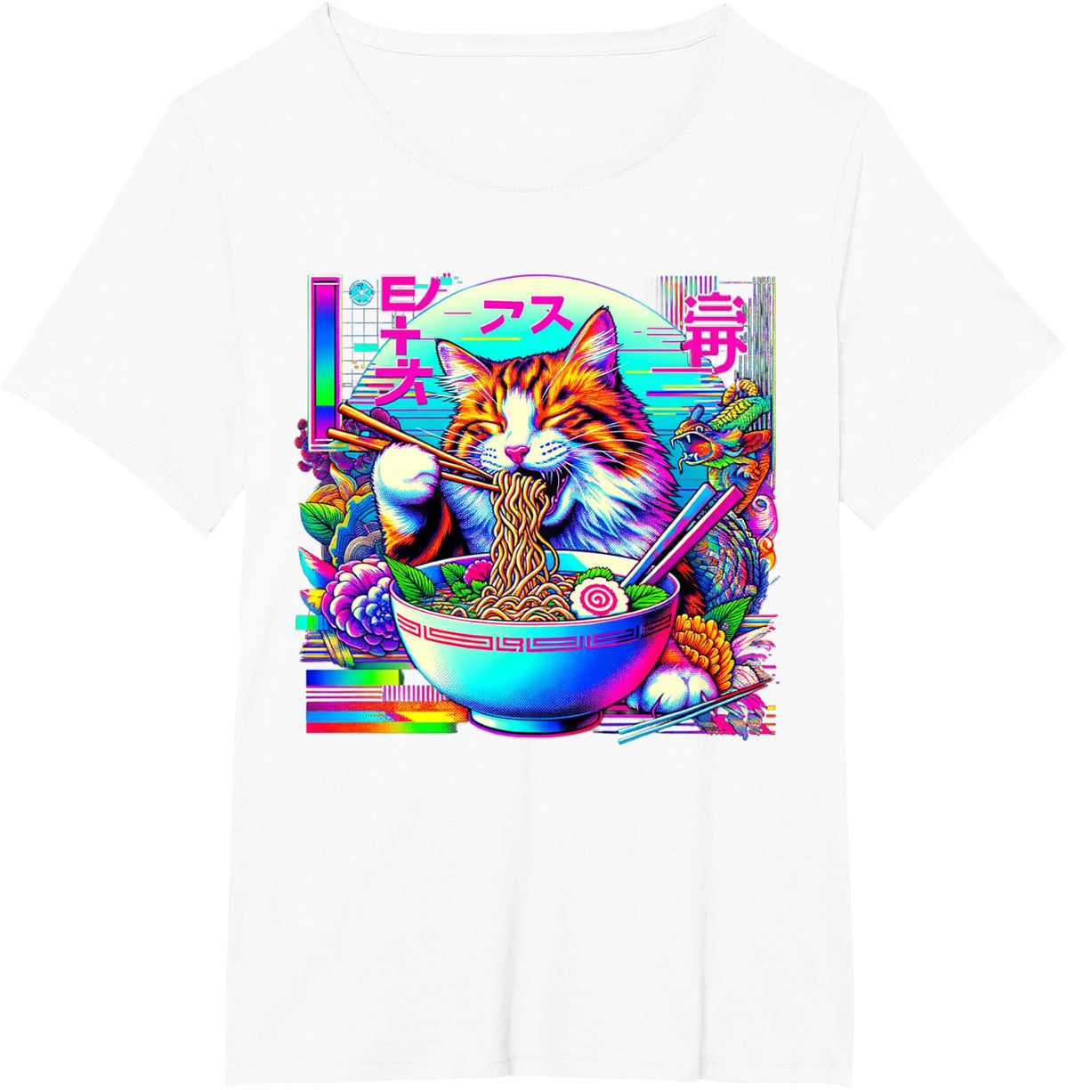 Vaporwave Japanese Glitch Art Cat Eating Ramen T-Shirt - White