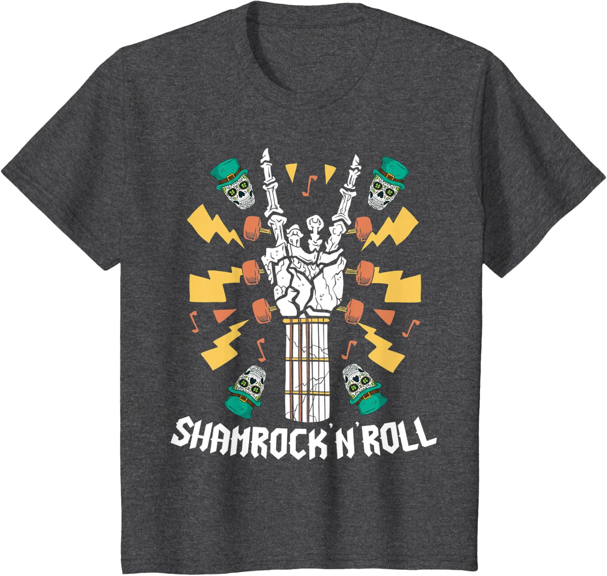 Shamrock n Roll On St Patrick's Day Shamrock Skeleton Guitar T-Shirt - Dark Heather Grey