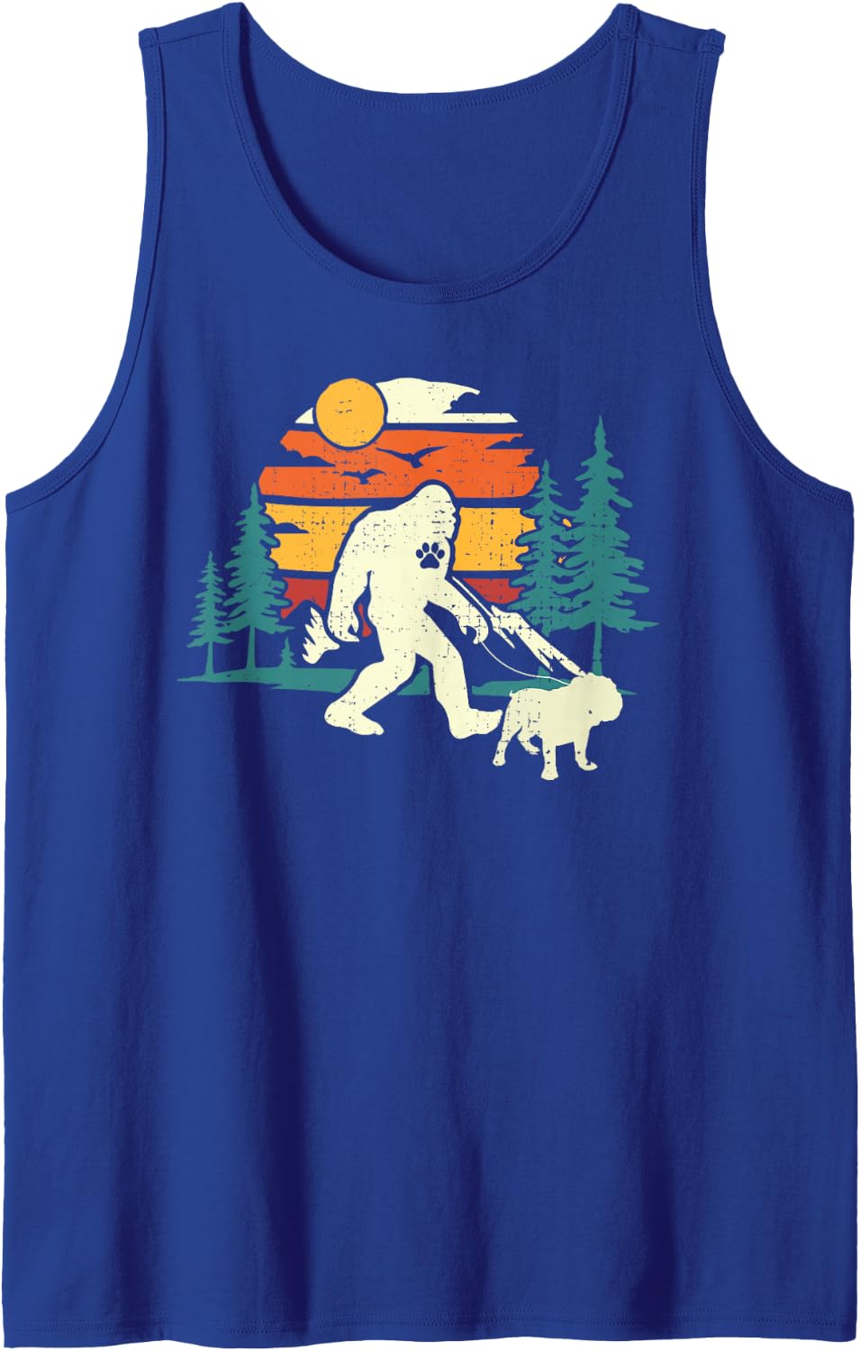 Retro Bigfoot Walking English Bulldog Dog Walker Sasquatch Tank Top - Royal Blue